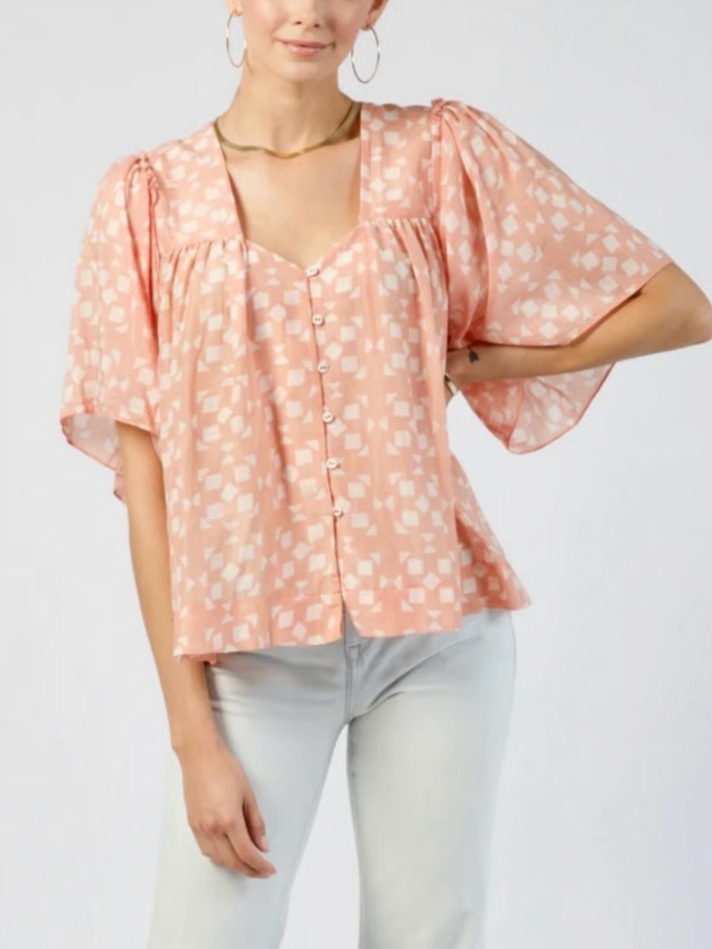 MIRTH 100% Cotton Coba Blouse in Peach Geo Tile Print Size Medium M Oversized